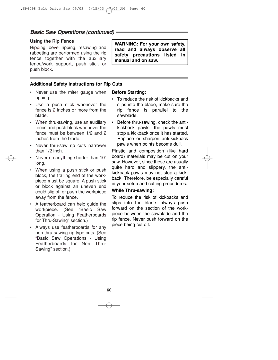 RIDGID TS3650 manual Using the Rip Fence, Additional Safety Instructions for Rip Cuts 