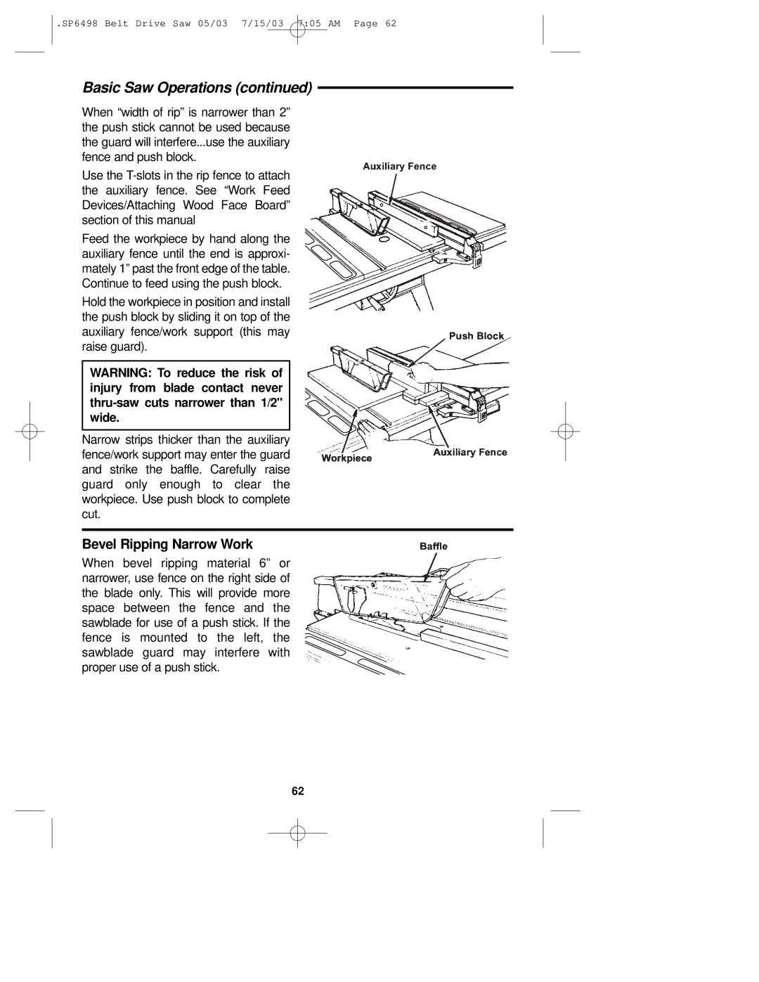 RIDGID TS3650 manual Bevel Ripping Narrow Work 