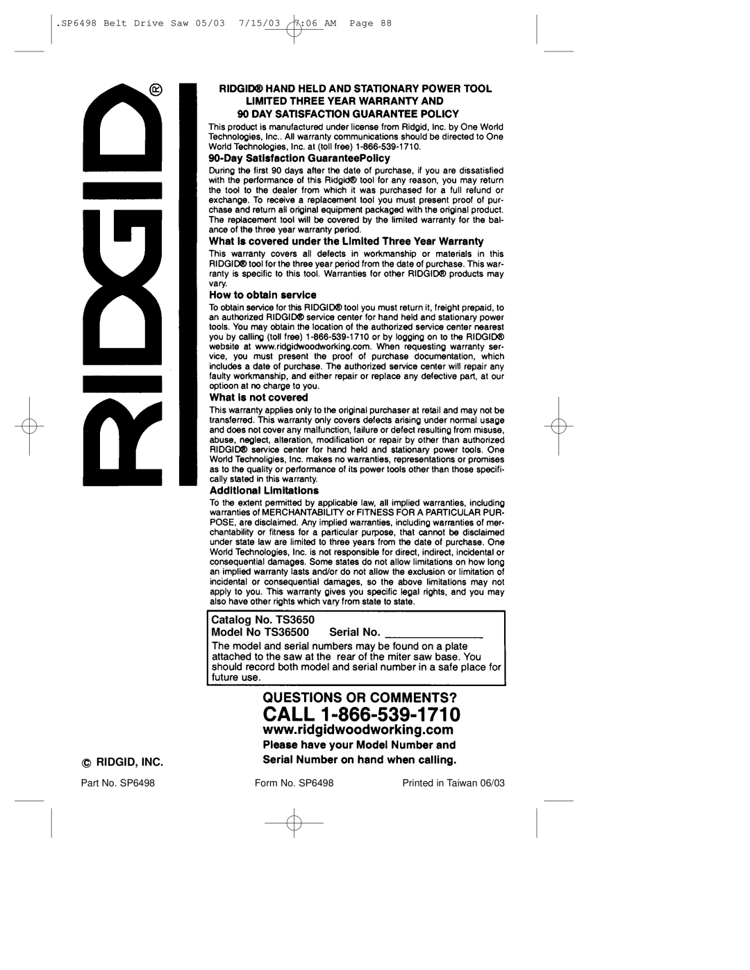 RIDGID manual Catalog No. TS3650 Model No TS36500 Serial No RIDGID, INC 