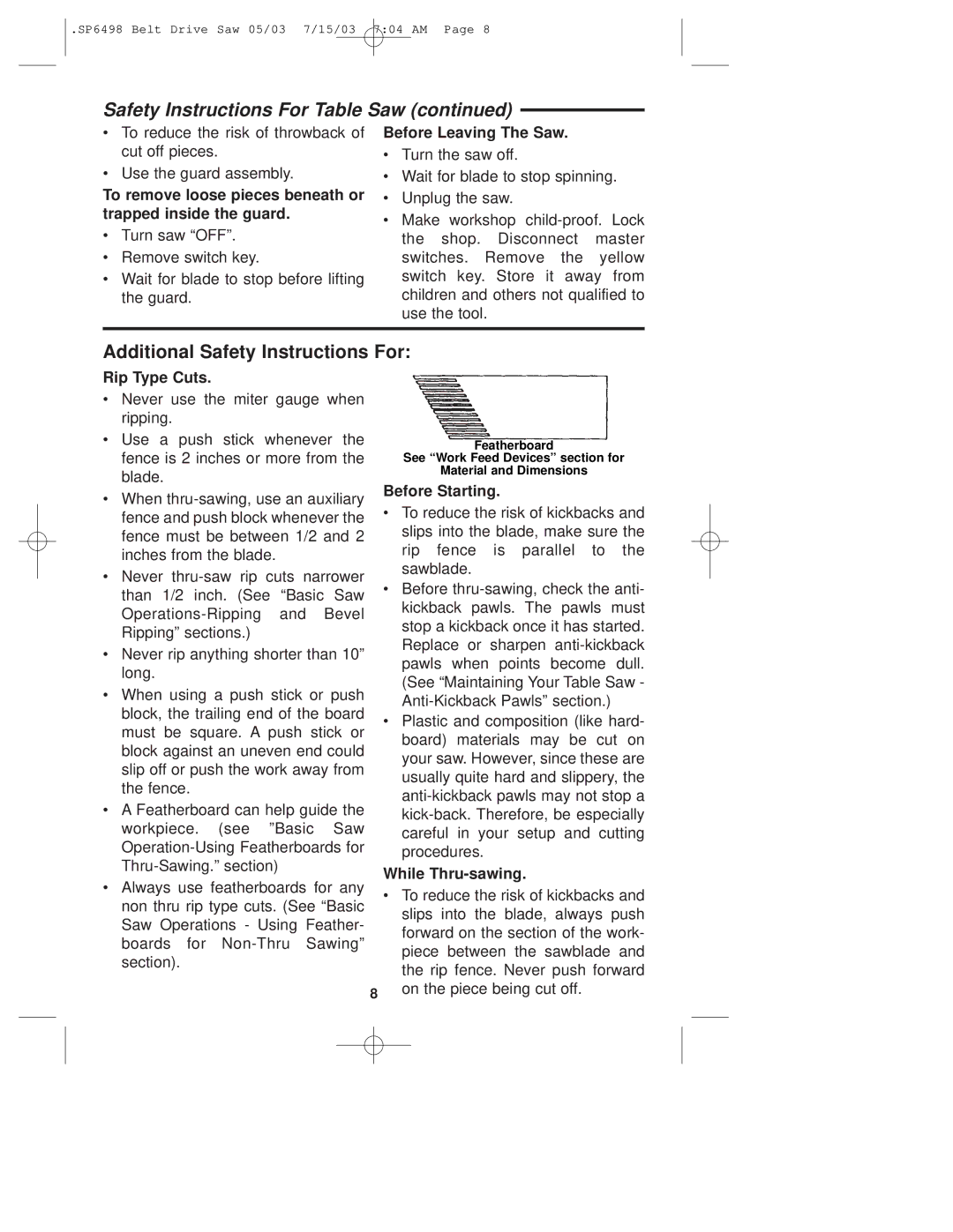 RIDGID TS3650 manual Additional Safety Instructions For 