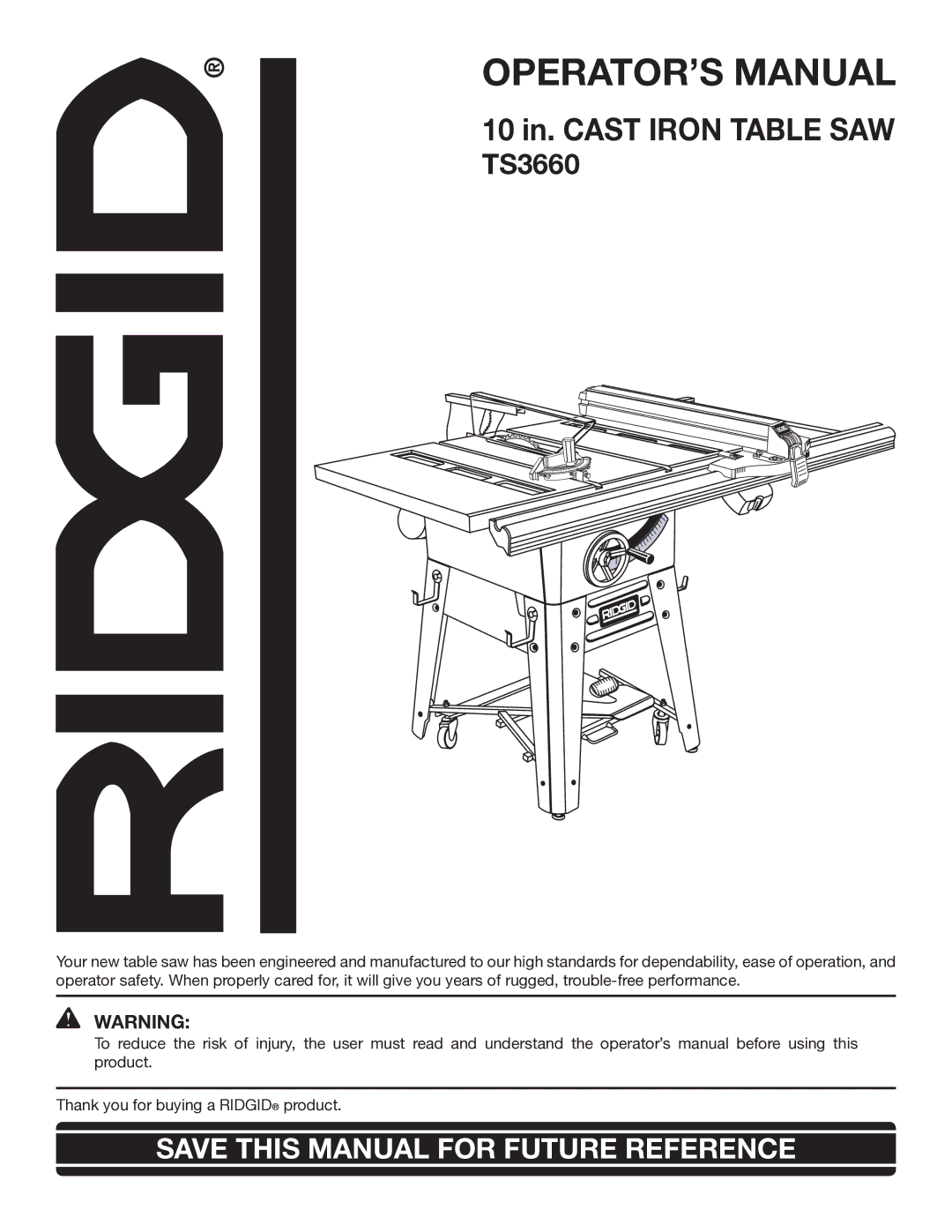 RIDGID TS3660 manual OPERATOR’S Manual 