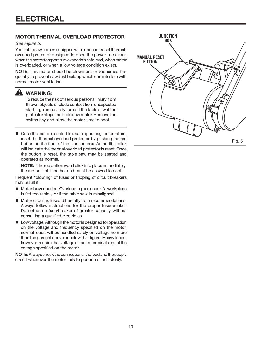 RIDGID TS3660 manual Motor Thermal Overload Protector, See Figure, Junction BOX Manual Reset Button 