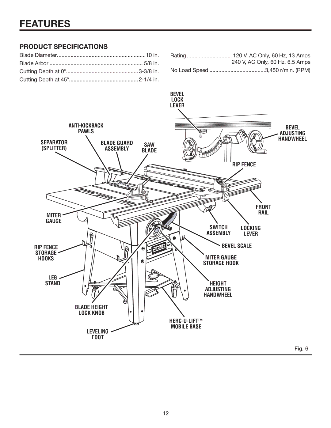 RIDGID TS3660 manual Features, Product Specifications, RIP Fence, Bevel Scale 