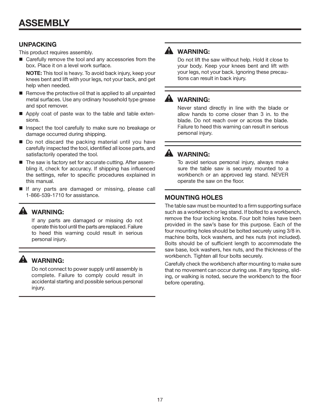 RIDGID TS3660 manual Assembly, Unpacking, Mounting Holes 