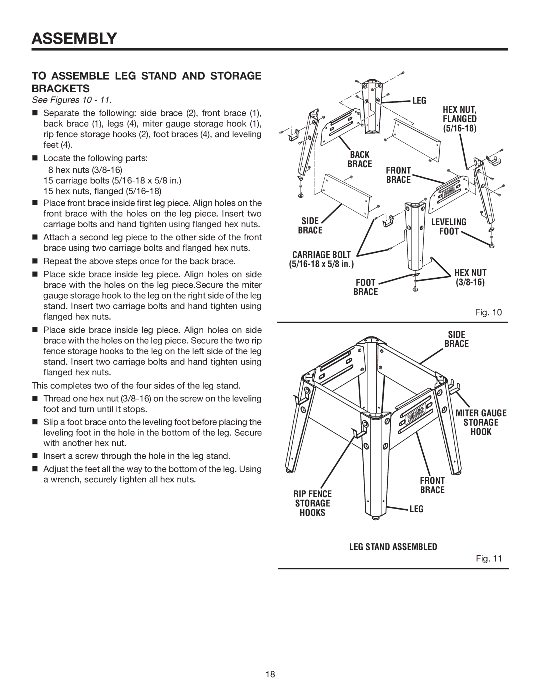 RIDGID TS3660 manual To Assemble LEG Stand and Storage Brackets 