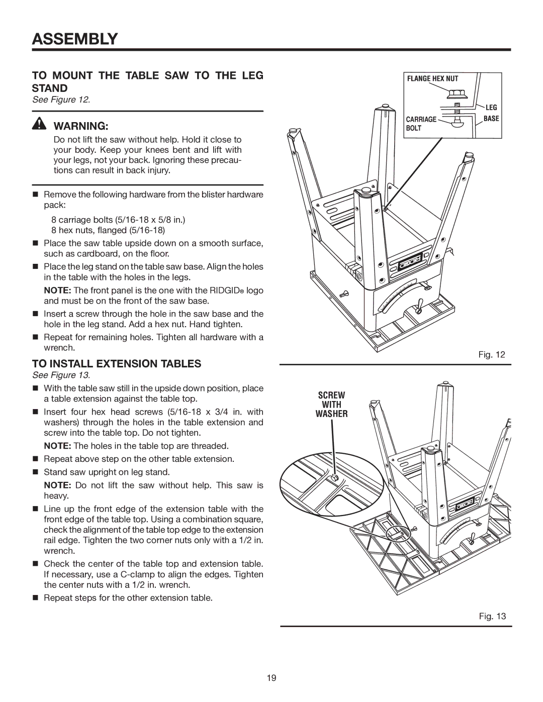 RIDGID TS3660 manual To Mount the Table SAW to the LEG Stand, To Install Extension Tables, Screw With Washer 