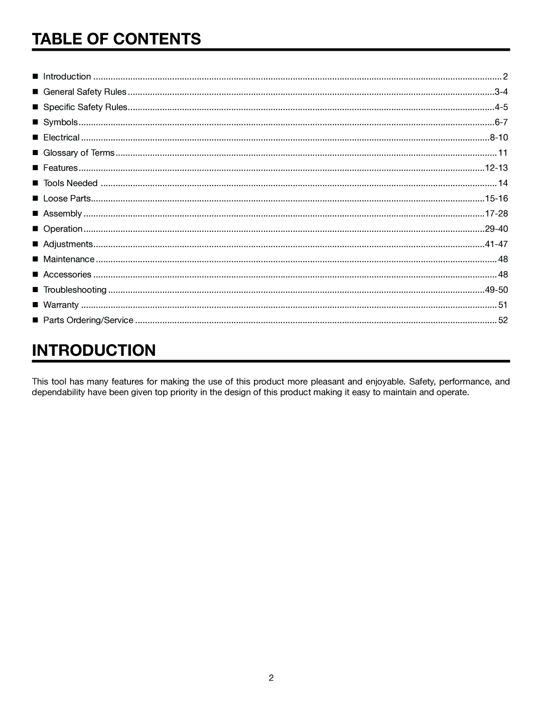 RIDGID TS3660 manual Table of Contents, Introduction 