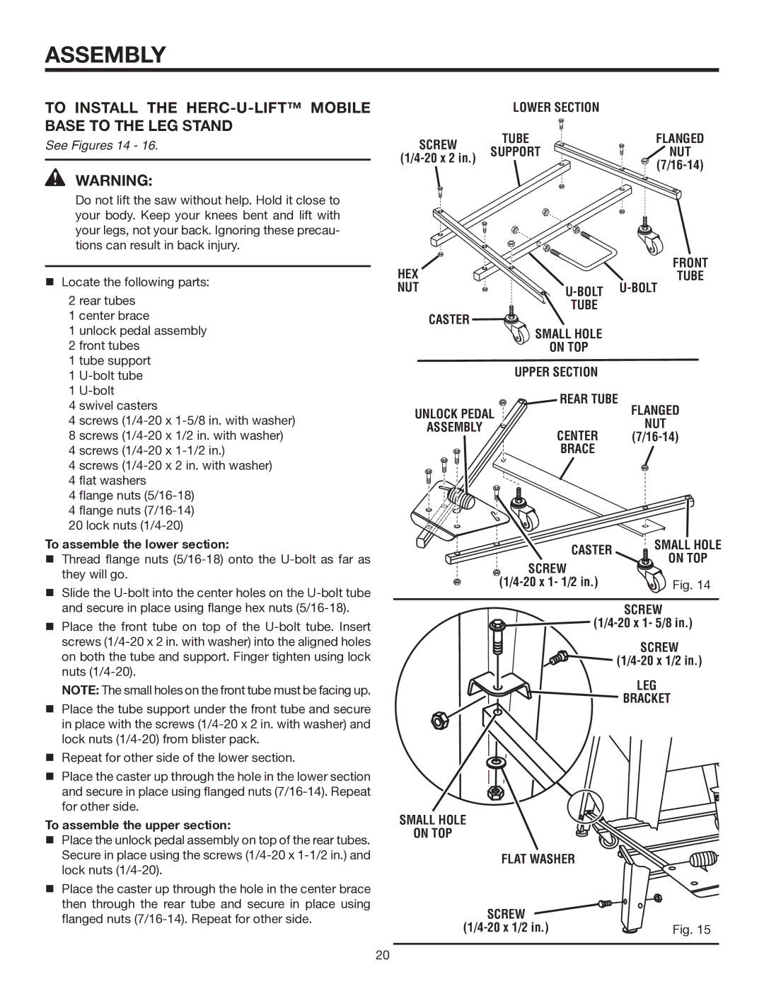 RIDGID TS3660 manual To Install the HERC-U-LIFT Mobile Base to the LEG Stand 