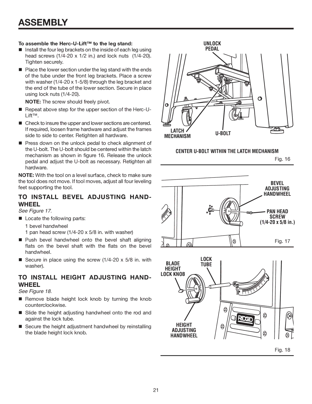 RIDGID TS3660 manual To Install Bevel Adjusting HAND- Wheel, To Install Height Adjusting HAND- Wheel, 20 x 5/8 