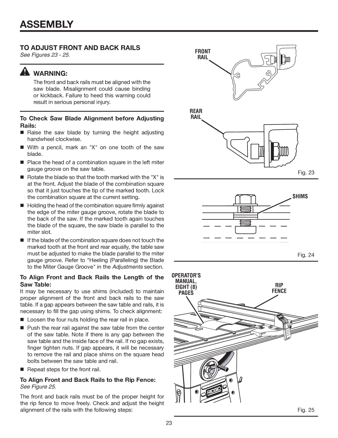 RIDGID TS3660 manual To Adjust Front and Back Rails, See Figures 23, Front Rail Rear Shims 