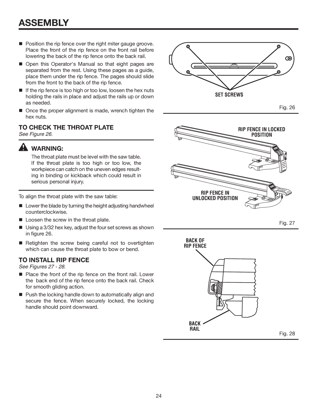 RIDGID TS3660 To Check the Throat Plate, To Install RIP Fence, SET Screws RIP Fence in Locked Position Unlocked Position 