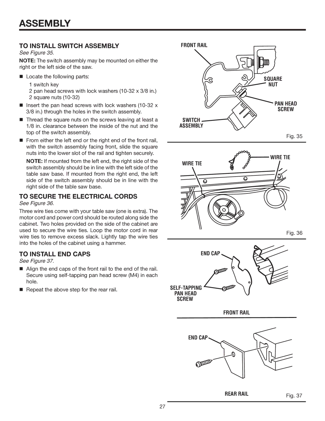 RIDGID TS3660 manual To Install Switch Assembly, To Secure the Electrical Cords, To Install END Caps 