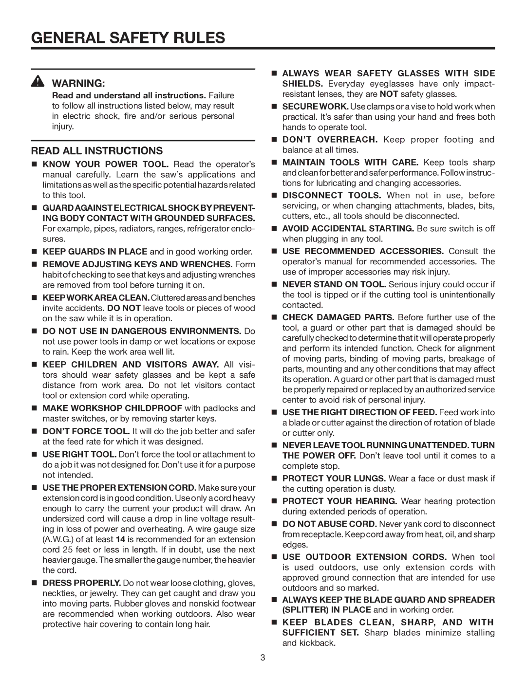 RIDGID TS3660 manual General Safety Rules, Read ALL Instructions 