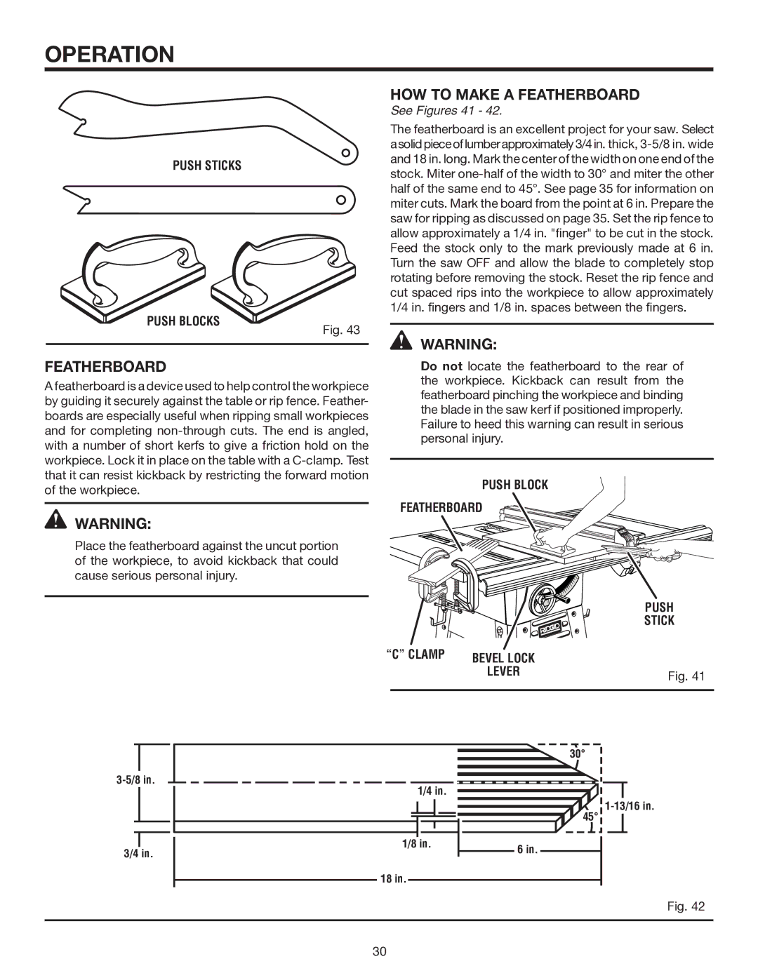 RIDGID TS3660 HOW to Make a Featherboard, Push Sticks Push Blocks, See Figures 41, Push Block Featherboard Stick Clamp 