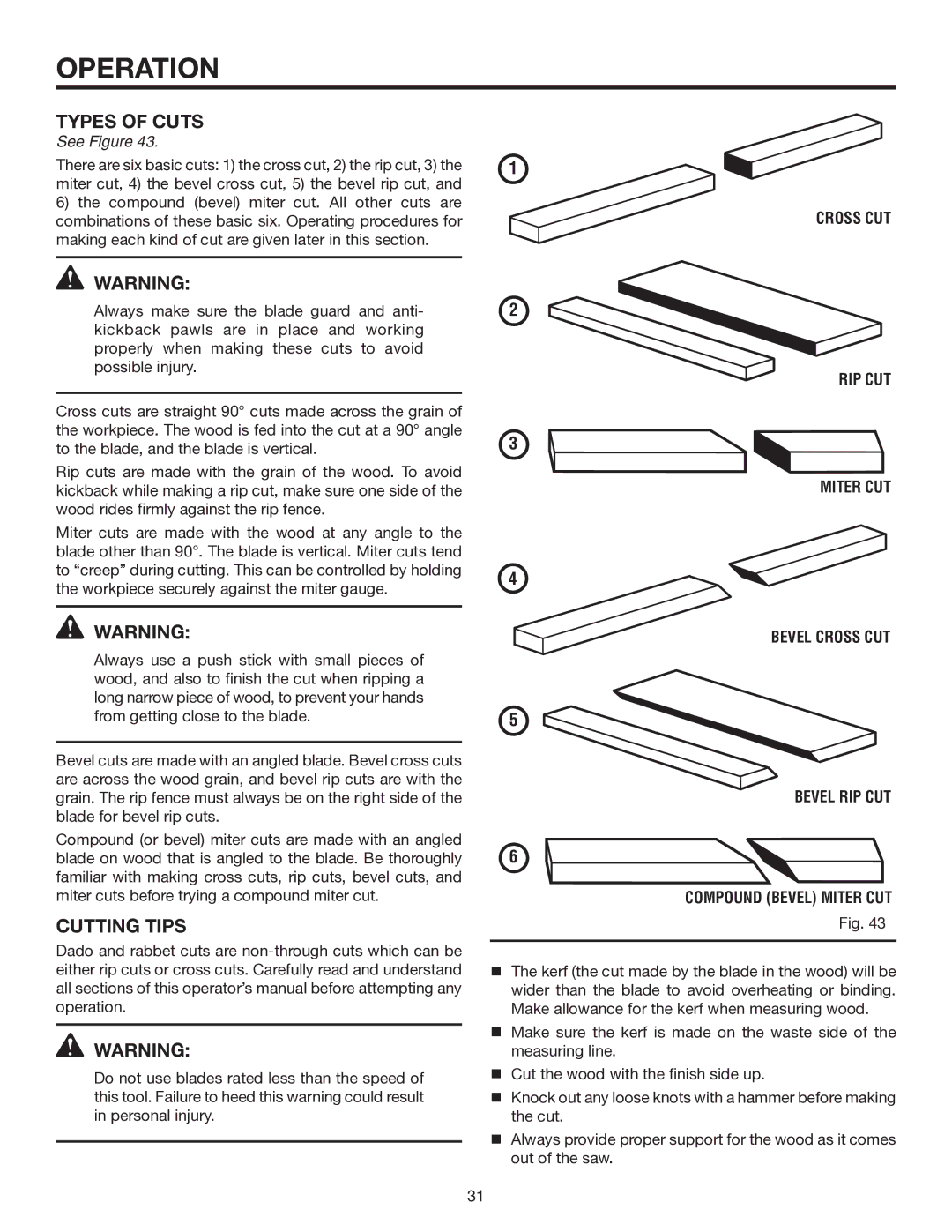 RIDGID TS3660 manual Types of Cuts, Cutting Tips, Cross CUT 