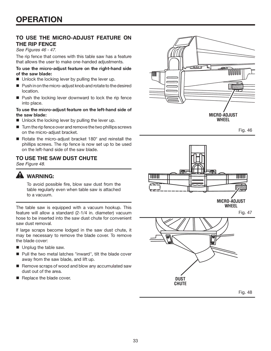 RIDGID TS3660 manual To USE the MICRO-ADJUST Feature on the RIP Fence, To USE the SAW Dust Chute, See Figures 46 