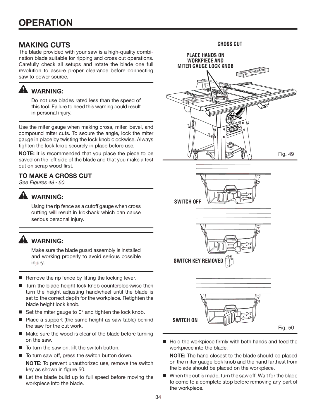 RIDGID TS3660 manual To Make a Cross CUT, See Figures 49, Switch KEY Removed Switch on 