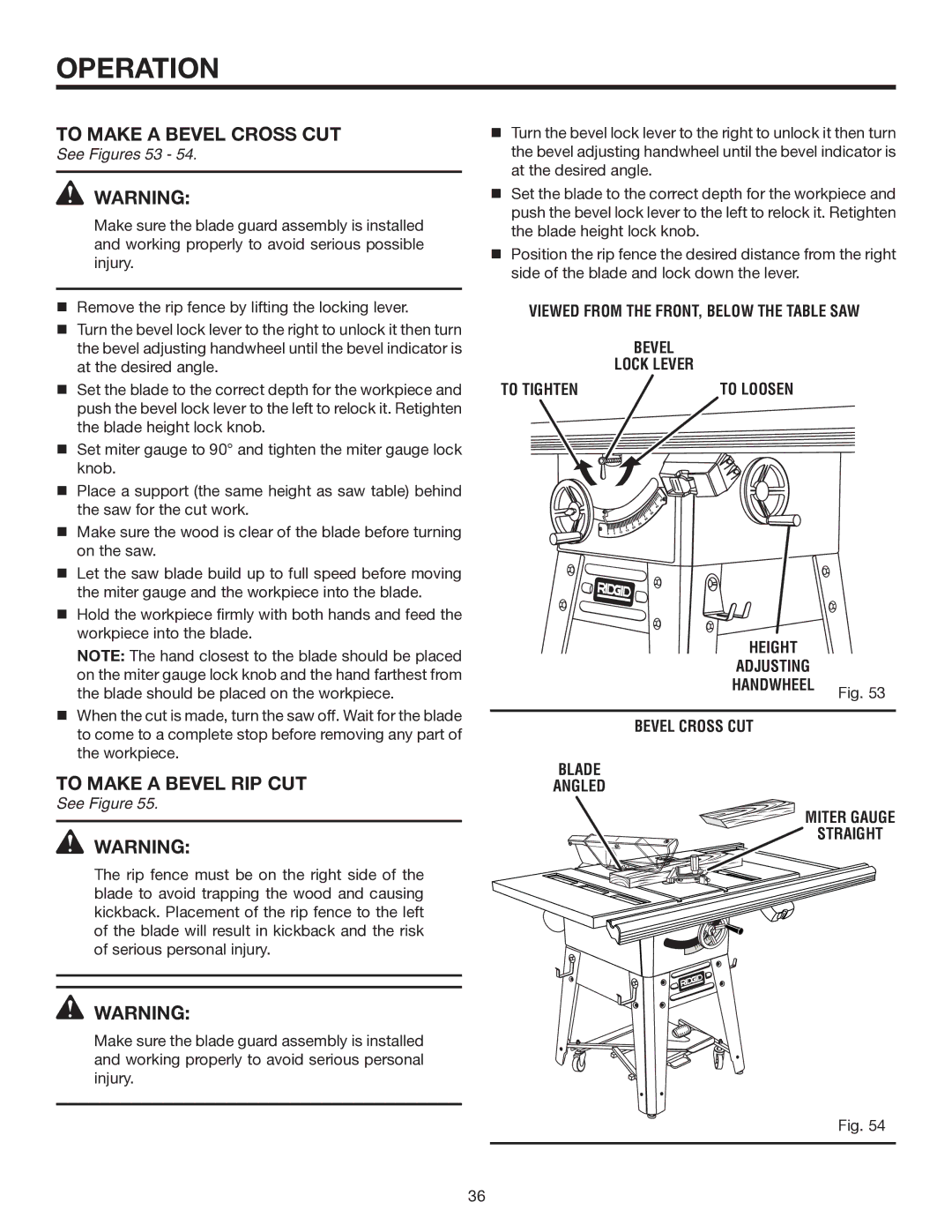 RIDGID TS3660 To Make a Bevel Cross CUT, To Make a Bevel RIP CUT, Viewed from the FRONT, below the Table SAW, To Tighten 