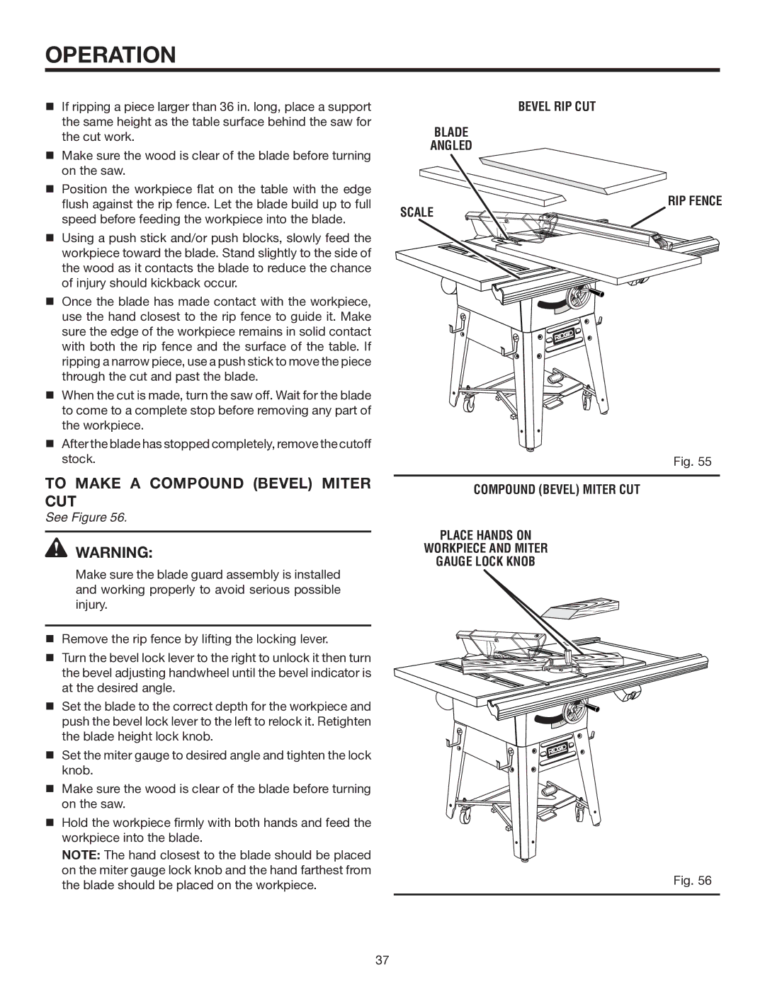 RIDGID TS3660 manual To Make a Compound Bevel Miter CUT, Bevel RIP CUT Blade Angled, Scale RIP Fence 