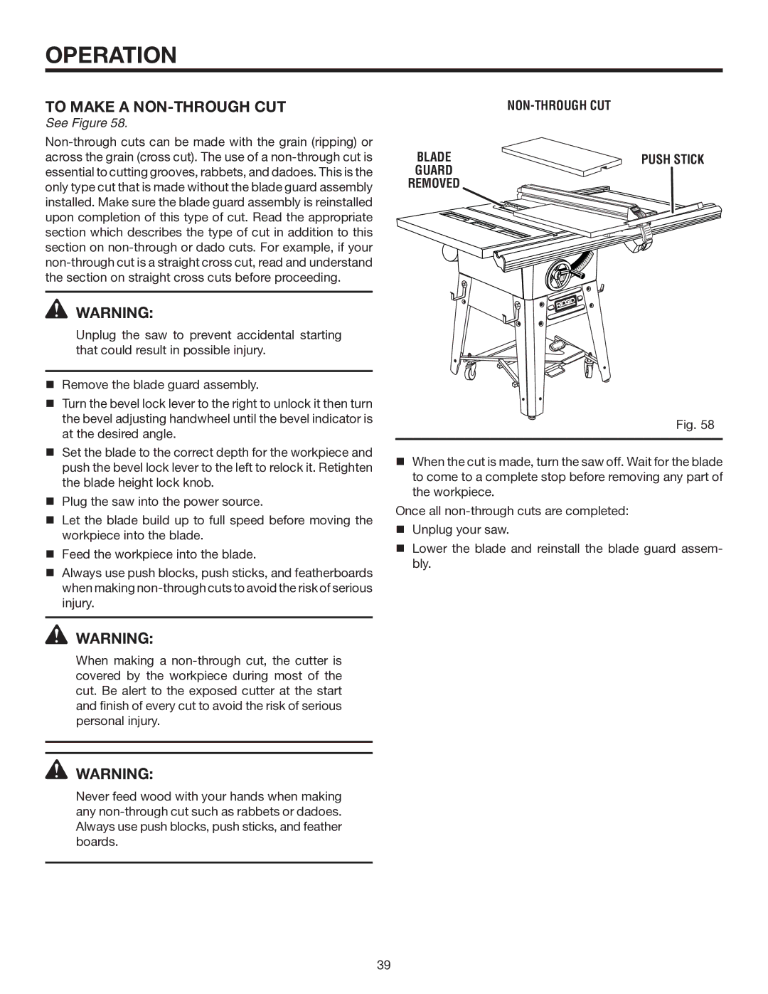 RIDGID TS3660 manual To Make a NON-THROUGH CUT, Non-Through Cut 