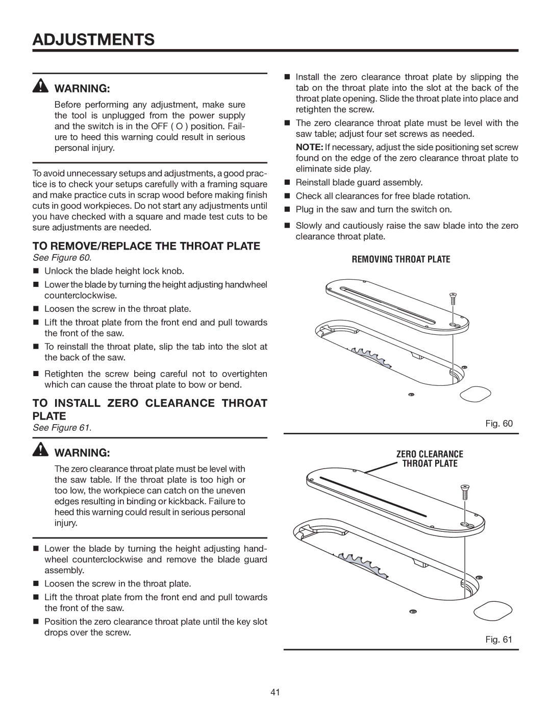 RIDGID TS3660 manual Adjustments, To REMOVE/REPLACE the Throat Plate, To Install Zero Clearance Throat Plate 