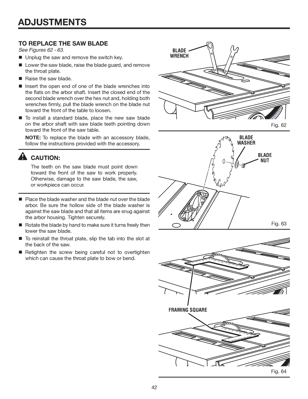 RIDGID TS3660 manual To Replace the SAW Blade, See Figures 62, Blade Wrench Washer NUT Framing Square 