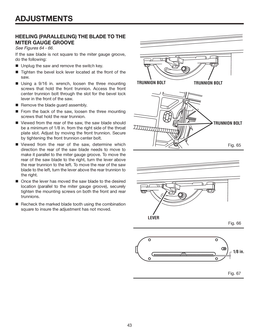 RIDGID TS3660 manual Heeling Paralleling the Blade to the Miter Gauge Groove, See Figures 64, Trunnion Bolt Lever 