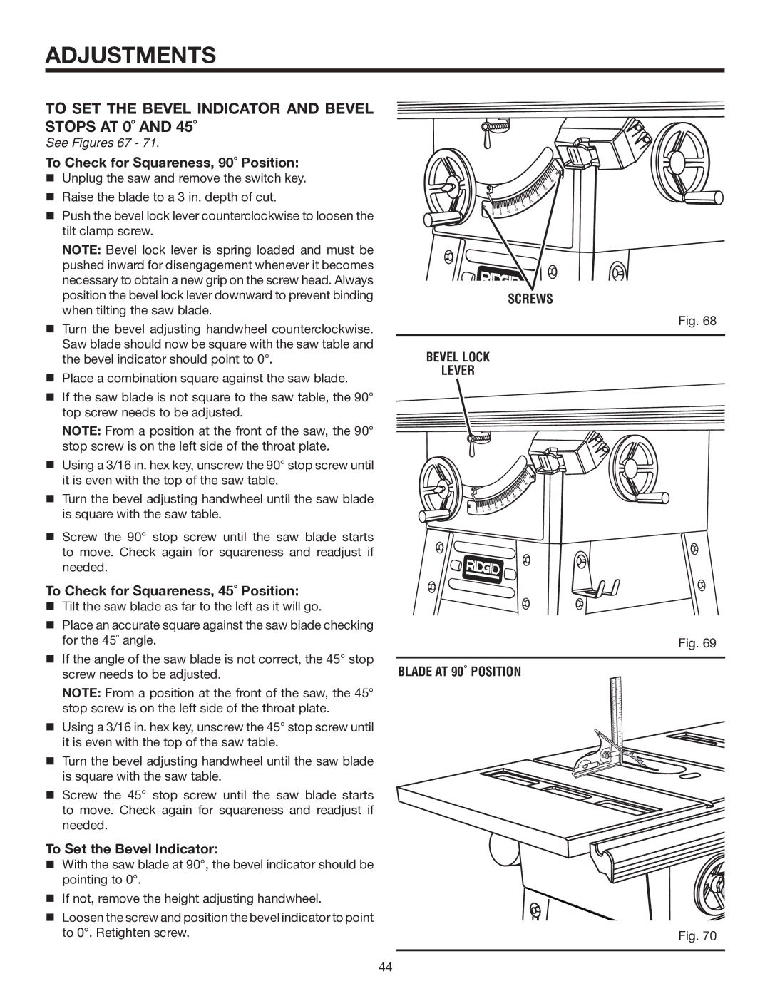 RIDGID TS3660 manual To SET the Bevel Indicator and Bevel Stops AT 0˚ and 45˚, See Figures 67 