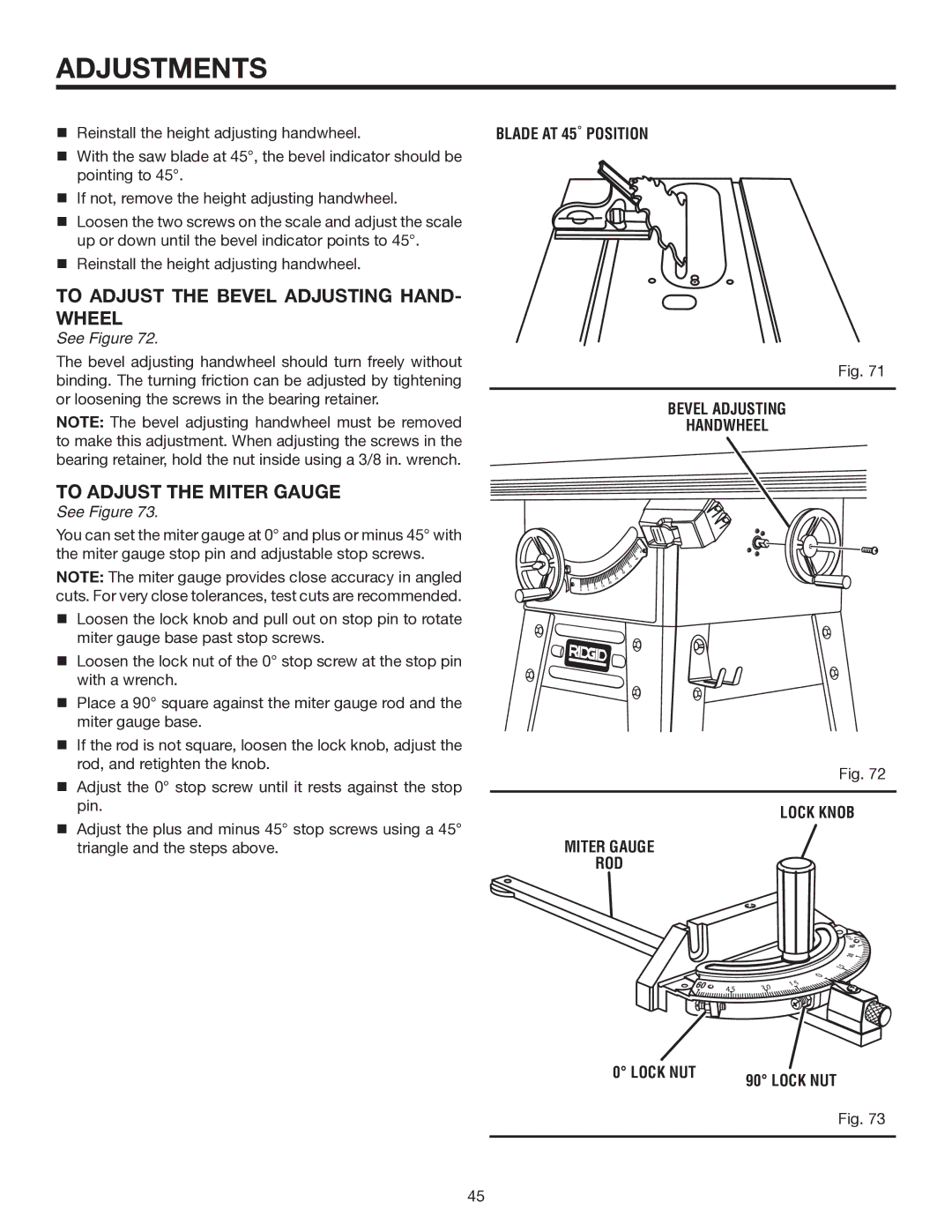 RIDGID TS3660 manual To Adjust the Bevel Adjusting HAND- Wheel, To Adjust the Miter Gauge 