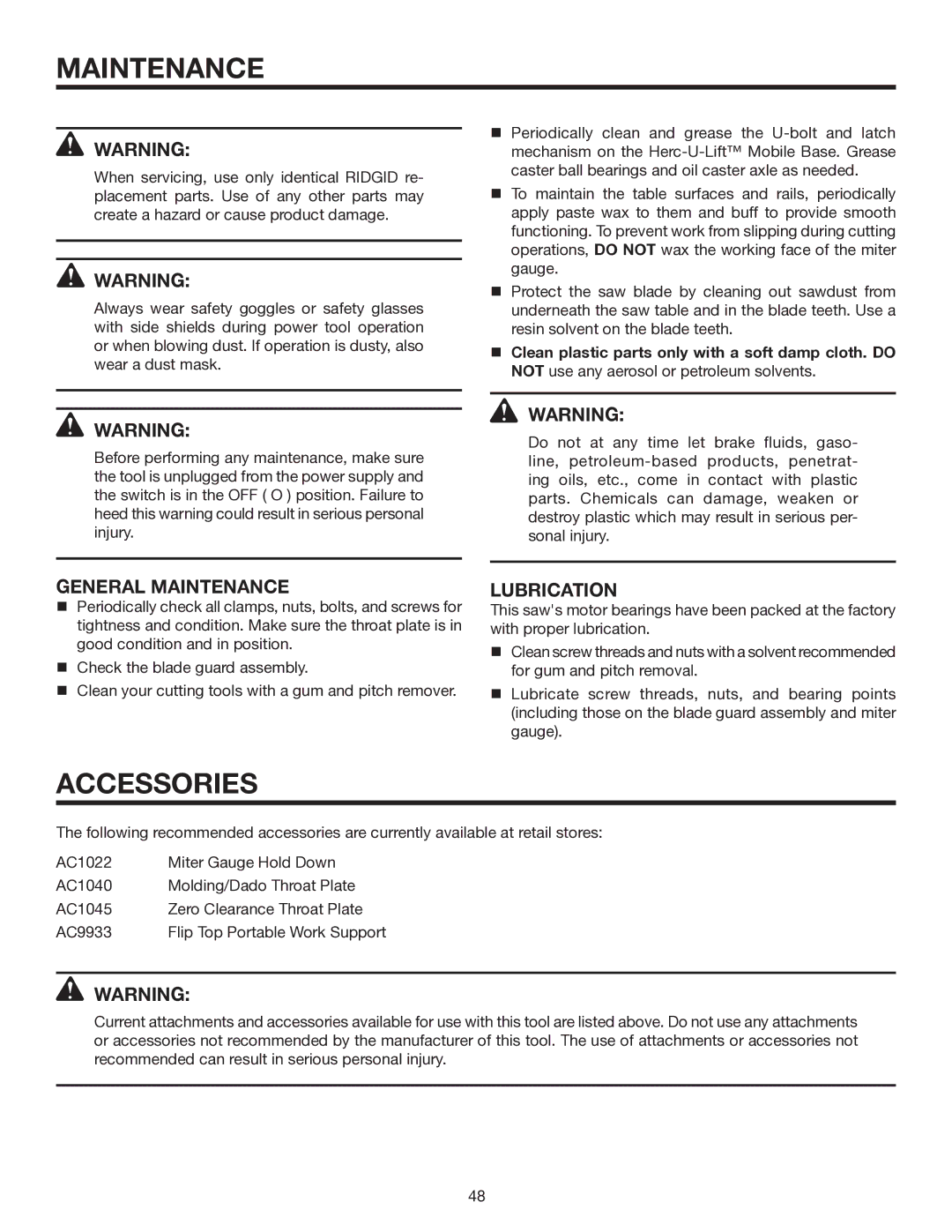 RIDGID TS3660 manual Accessories, General Maintenance, Lubrication 