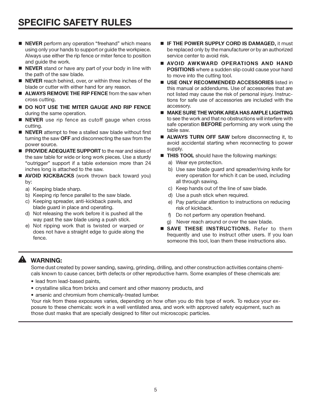 RIDGID TS3660 manual Specific Safety Rules 