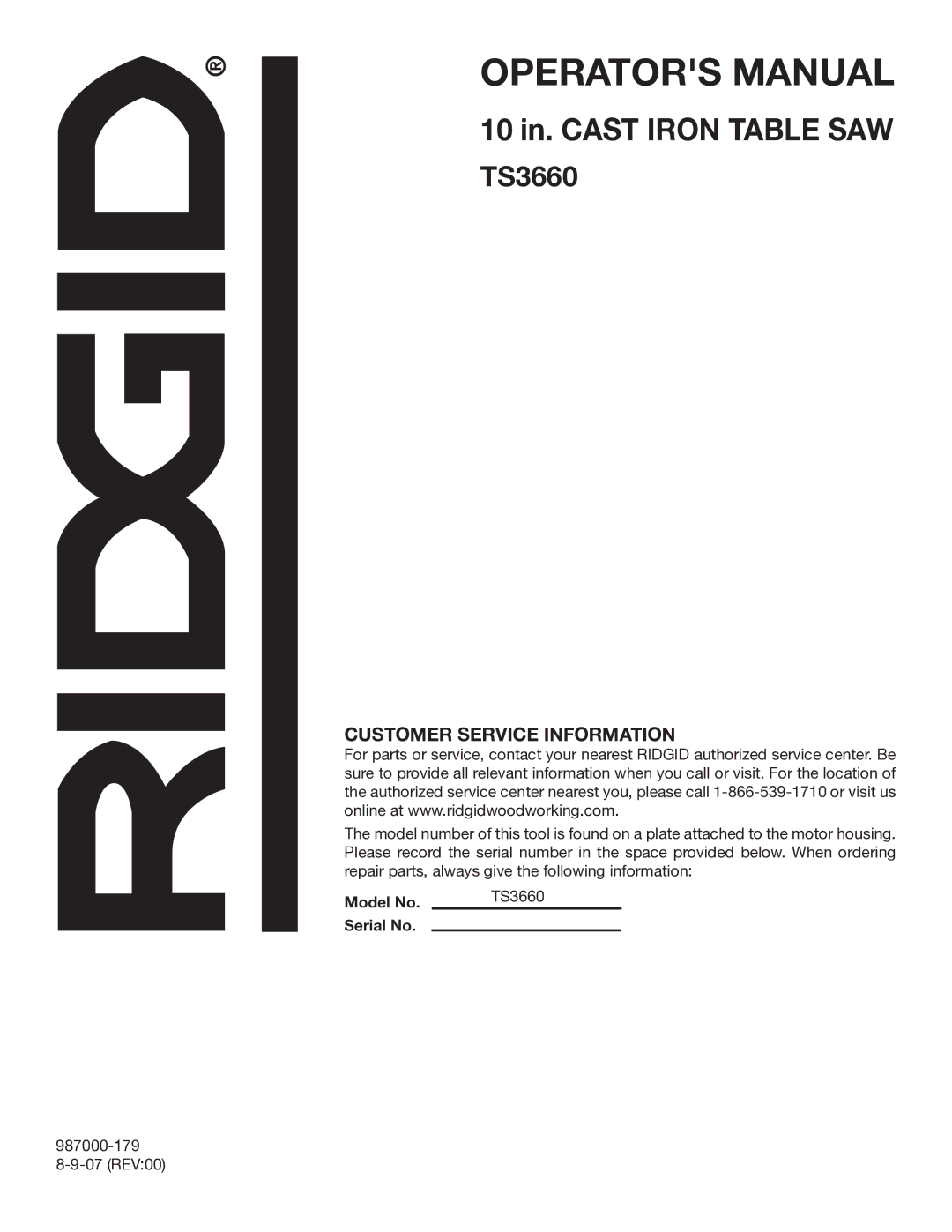 RIDGID manual Customer Service Information, Model No TS3660 Serial No 