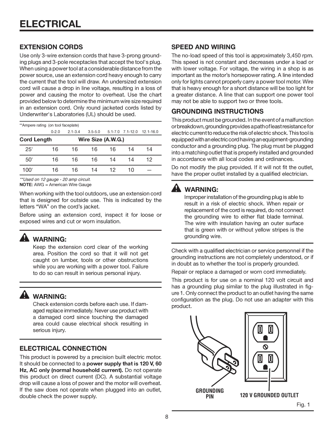 RIDGID TS3660 manual Extension Cords, Electrical Connection, Speed and Wiring, Grounding Instructions 