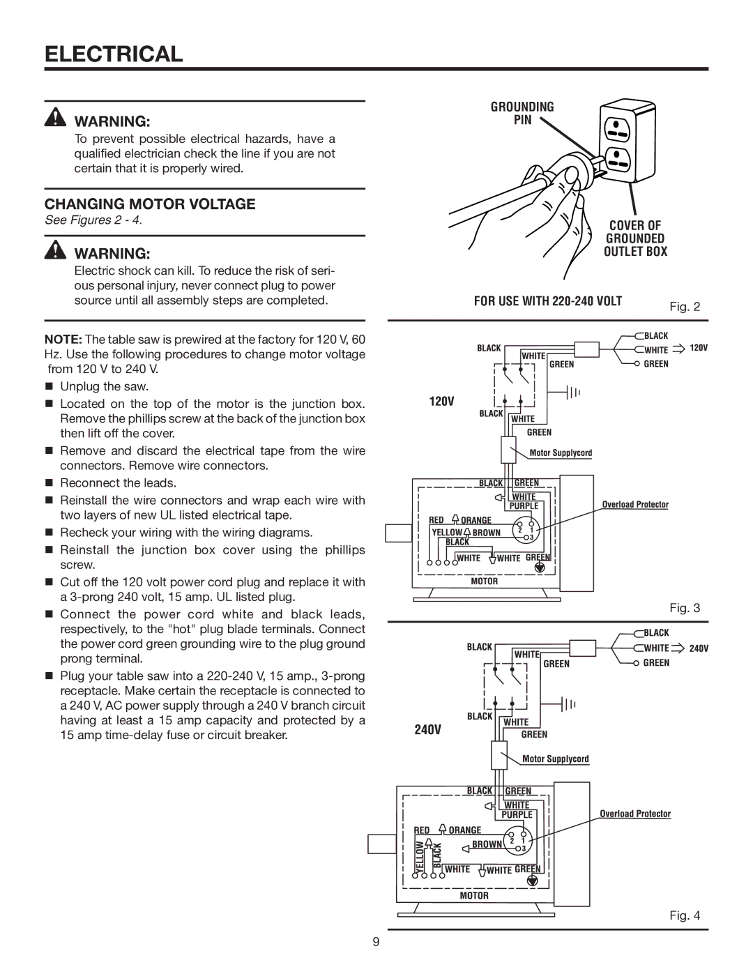 RIDGID TS3660 manual Changing Motor Voltage, See Figures 2 