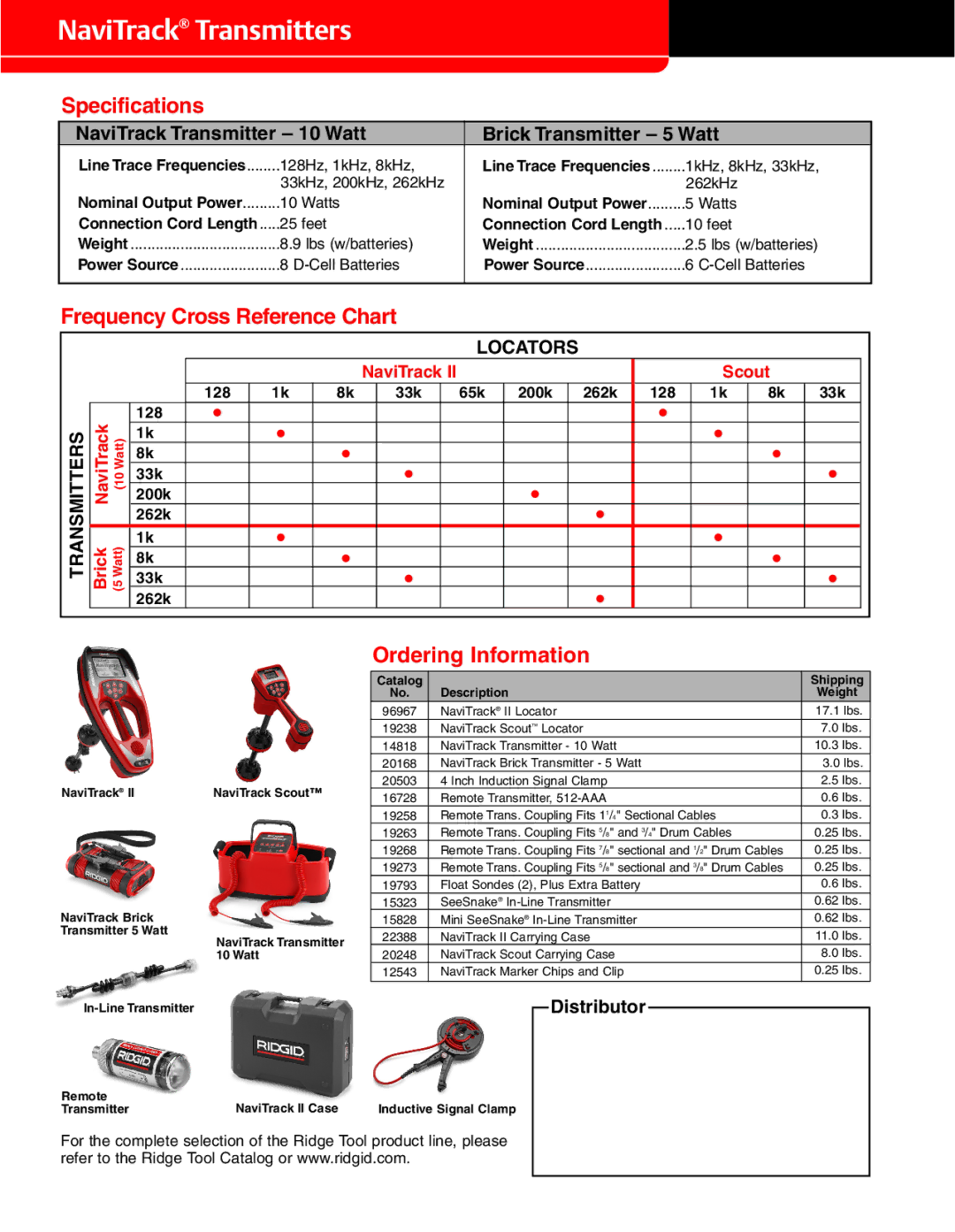 RIDGID WAP-7000 warranty Specifications, Frequency Cross Reference Chart, Ordering Information 