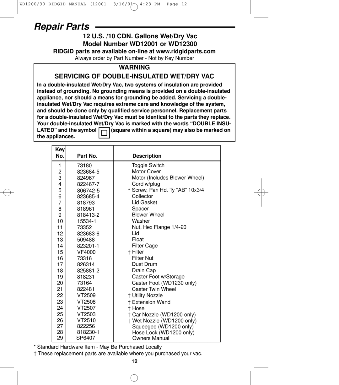 RIDGID WD1230, WD1200 owner manual Repair Parts, Servicing of DOUBLE-INSULATED WET/DRY VAC 