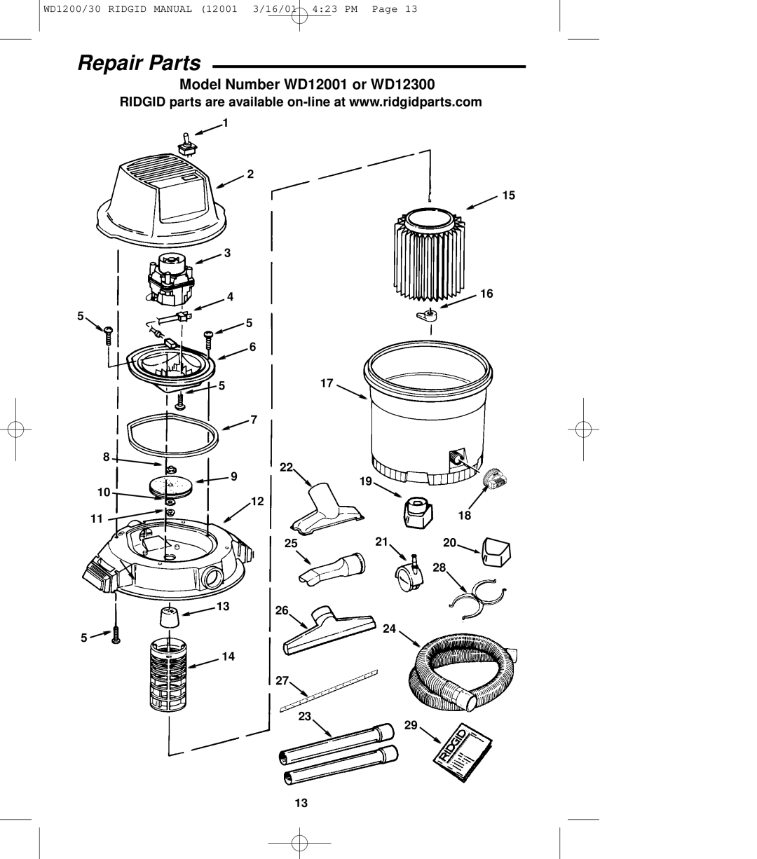 RIDGID owner manual Model Number WD12001 or WD12300 