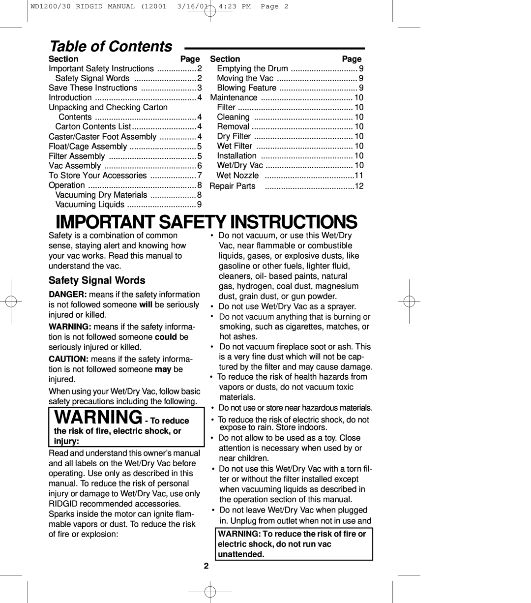 RIDGID WD1230, WD1200 owner manual Important Safety Instructions, Table of Contents 