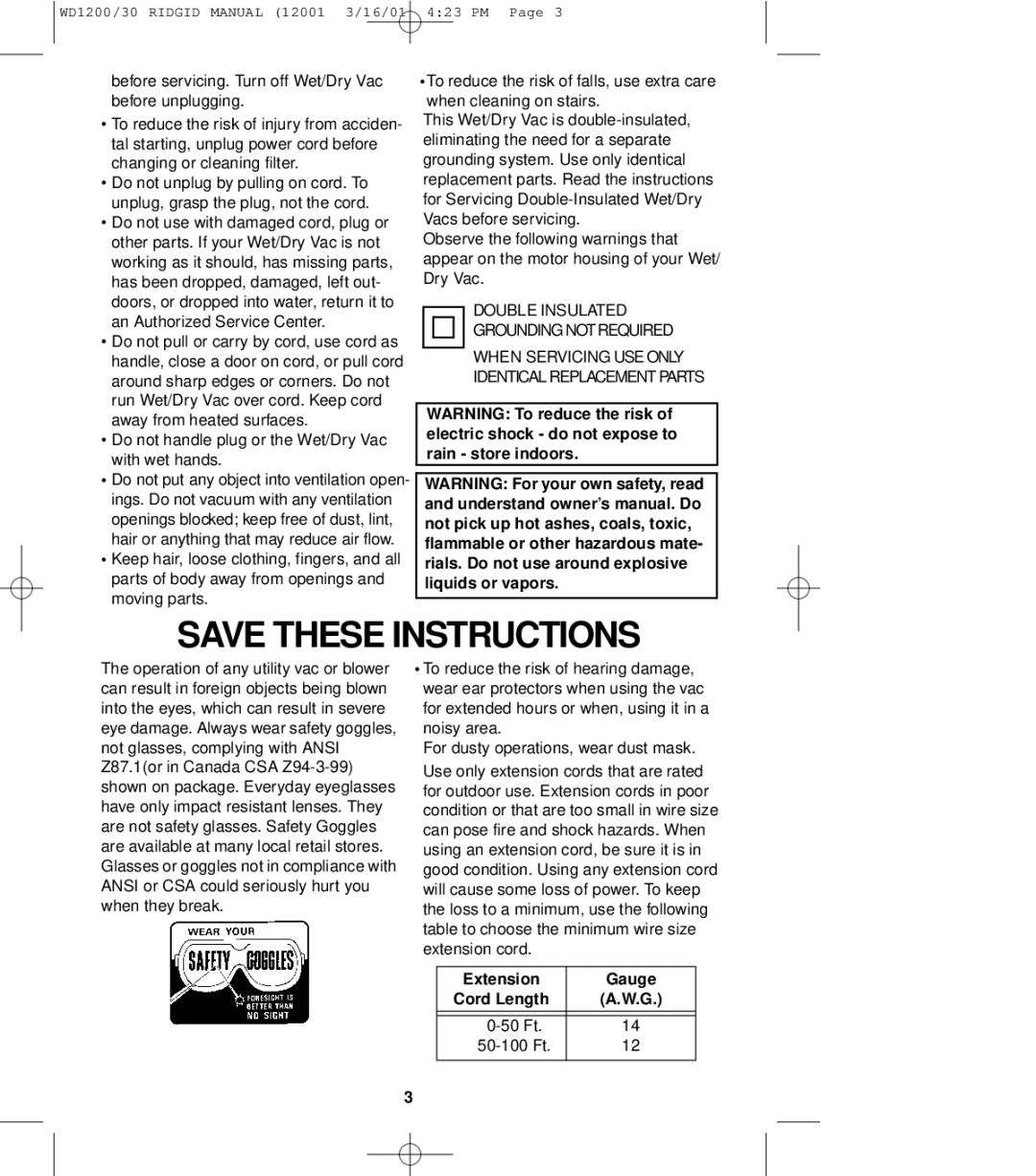 RIDGID WD1200, WD1230 owner manual Double Insulated Grounding not Required, Extension Gauge Cord Length 