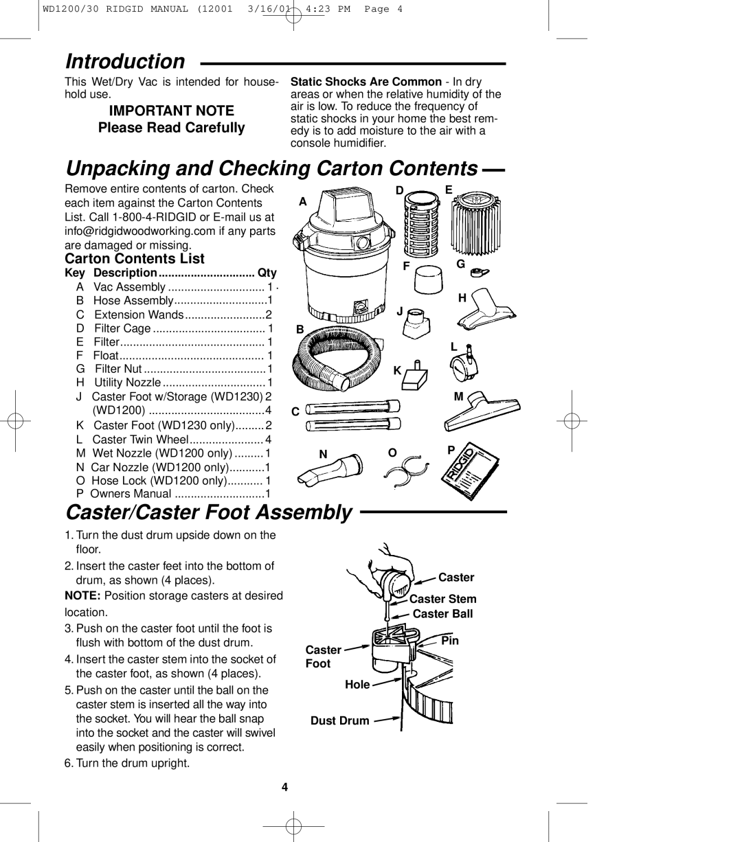 RIDGID WD1230, WD1200 owner manual Introduction, Unpacking and Checking Carton Contents, Caster/Caster Foot Assembly 