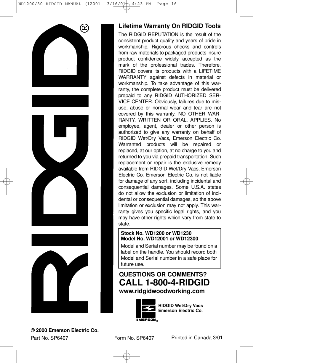 RIDGID WD1230, WD1200 Lifetime Warranty On RIDGID Tools, Questions Or Comments?, RIDGID Wet/Dry Vacs Emerson Electric Co 