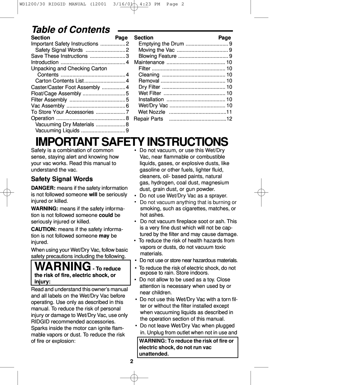 RIDGID WD1230, WD1200 owner manual Important Safety Instructions, Table of Contents, Safety Signal Words 