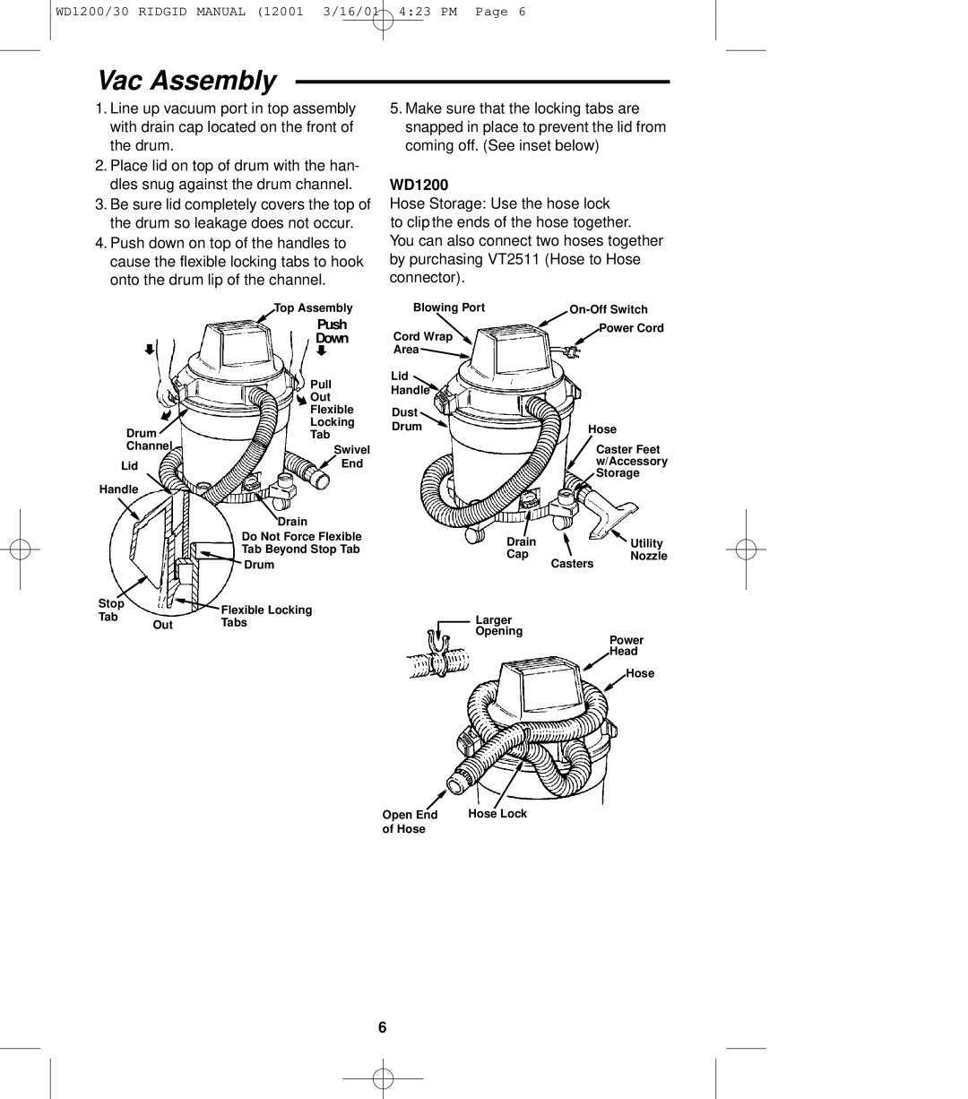 RIDGID WD1230 owner manual Vac Assembly, WD1200 