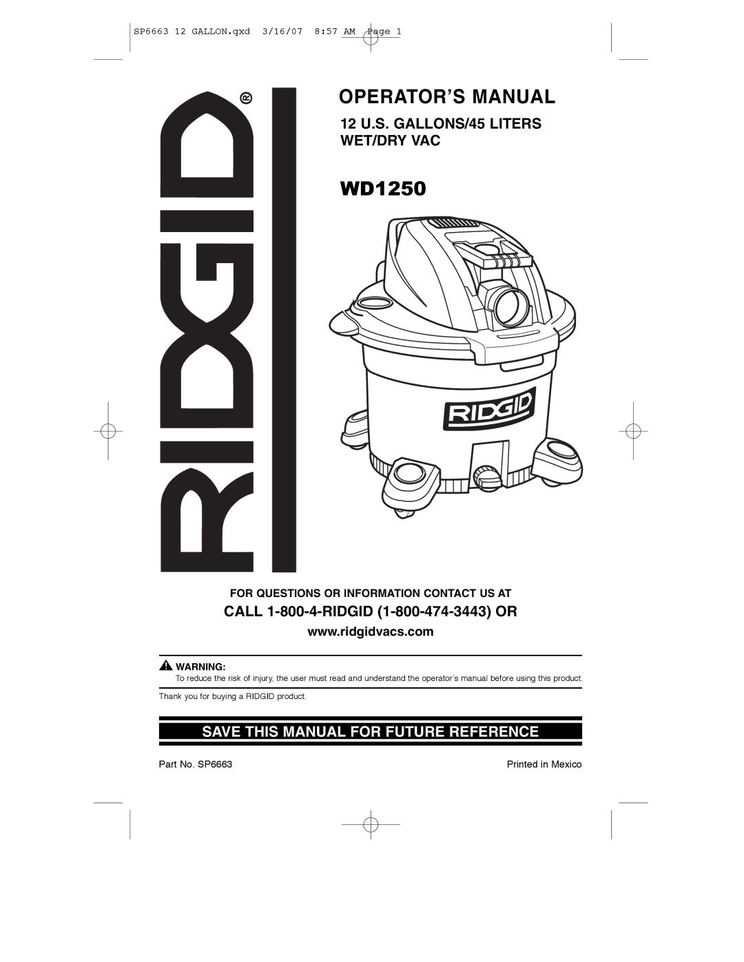 RIDGID WD1250 manual OPERATOR’S Manual 