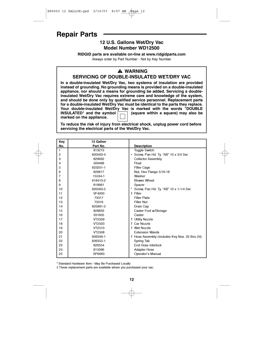 RIDGID manual Repair Parts, 12 U.S. Gallons Wet/Dry Vac Model Number WD12500 