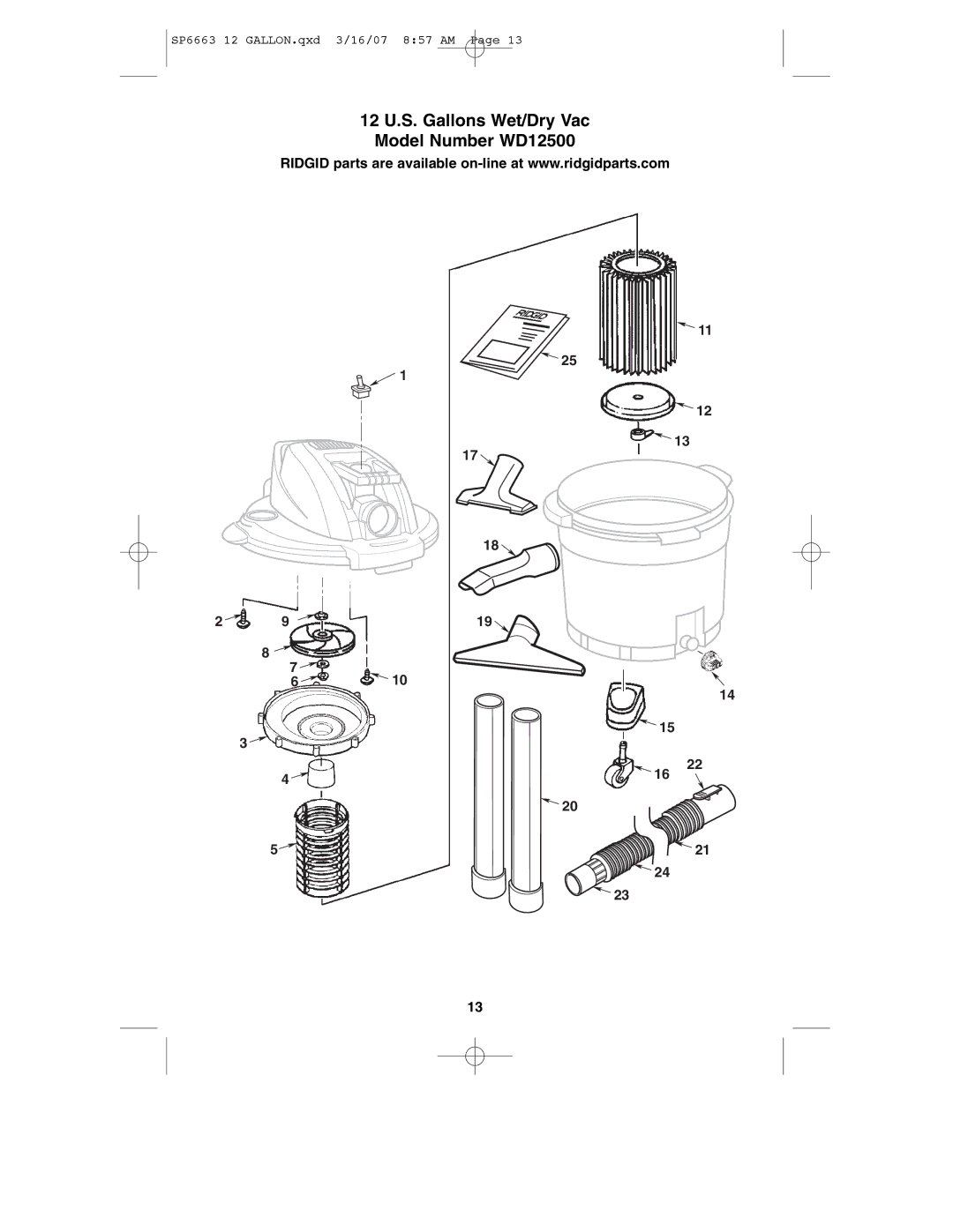 RIDGID manual 12 U.S. Gallons Wet/Dry Vac Model Number WD12500 