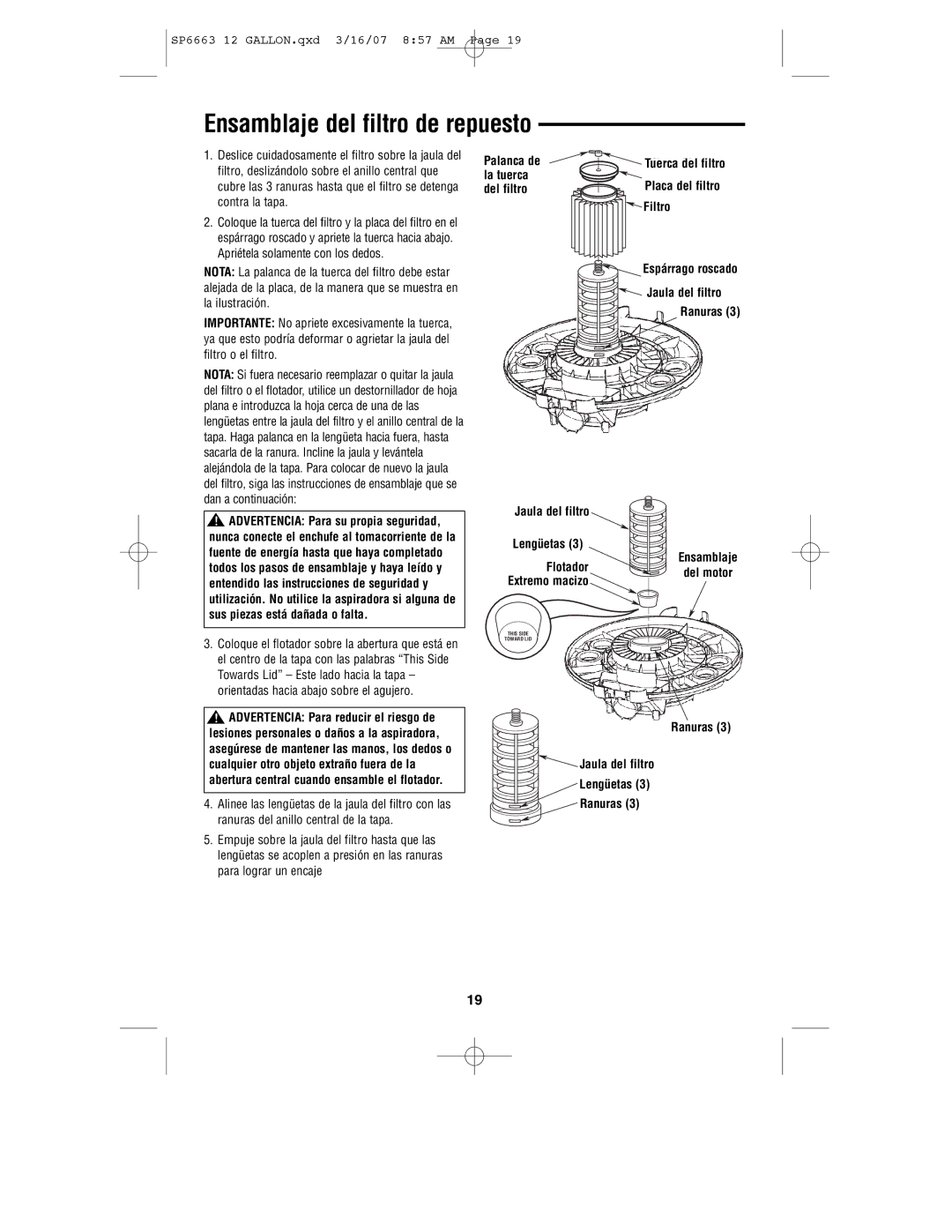 RIDGID WD1250 manual Ensamblaje del filtro de repuesto 