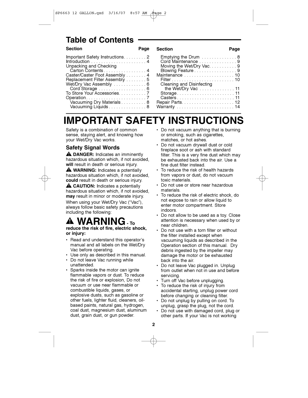 RIDGID WD1250 manual Important Safety Instructions, Table of Contents 