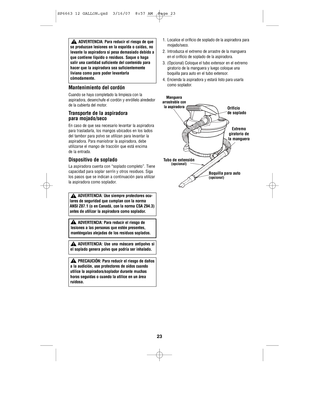 RIDGID WD1250 manual Mantenimiento del cordón, Dispositivo de soplado, Transporte de la aspiradora para mojado/seco 