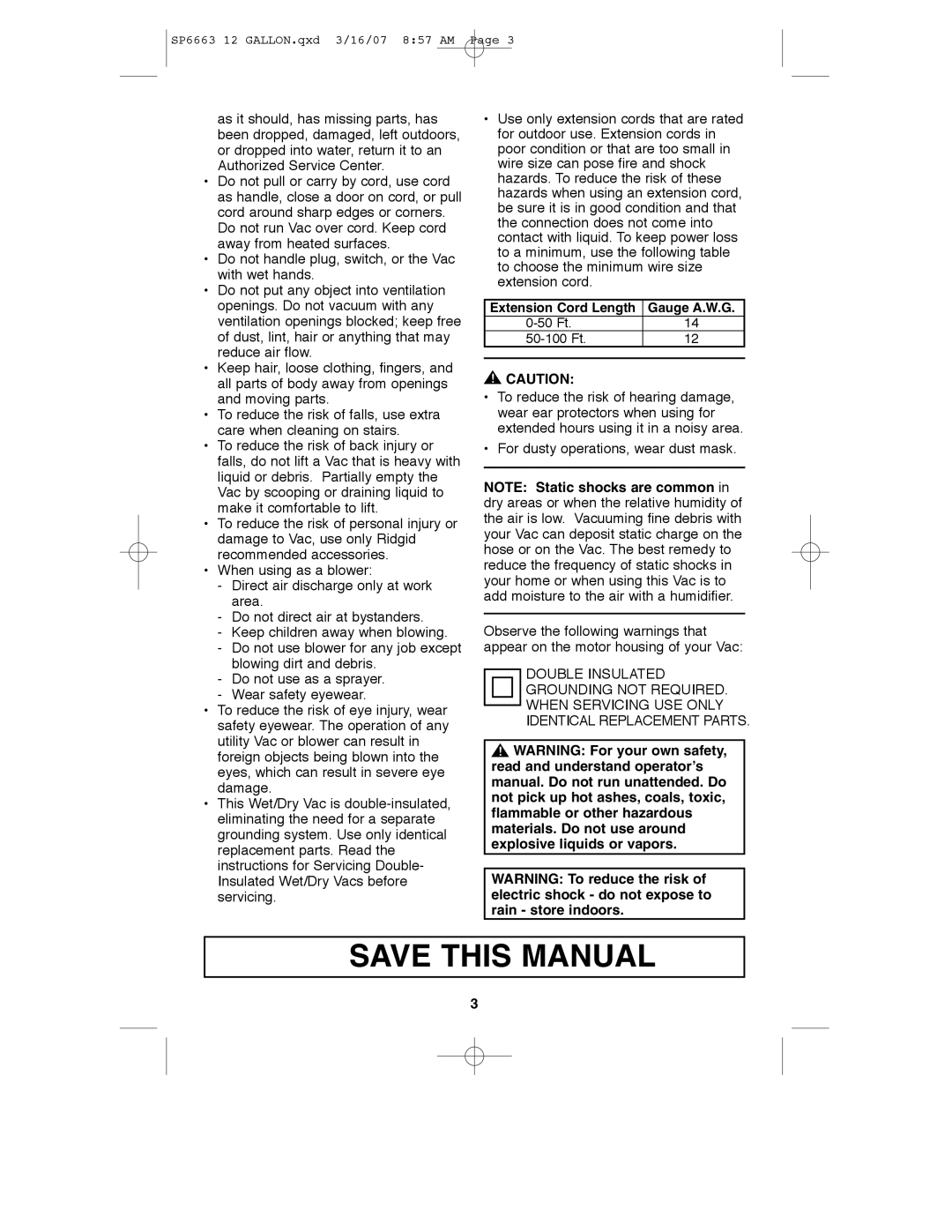 RIDGID WD1250 manual Save this Manual, Extension Cord Length Gauge A.W.G 